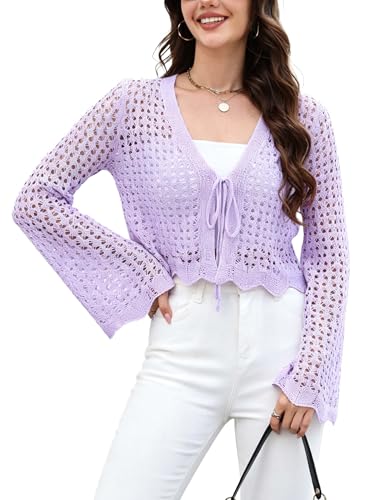 Image of Women's Soft Crochet Tie Front Cardigan Cropped Knit Bolero Shrug Summer Beach Cover Up Top