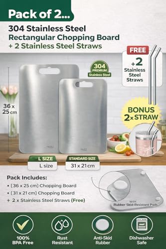 Image of Pack of 2-304 Stainless Steel Rectangular Chopping Board 36 x 25 cm + 31 x 21 cm Chopping Board wih Rubber Skid & 2 Straw | Reversible | for Cutting Vegetable, Meat, Fruits | Combo Pack