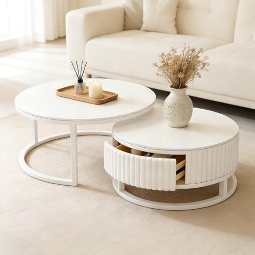 SeraphicCharm 2er Set Couchtisch Rund Weiss Marmor Wohnzimmertisch Weiß Mit Stauraum Schublade Runder Couchtisch Weiß Weiß Couchtische Ausziehbar Couch Tisch Wohnzimmer Für Couch