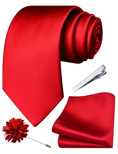 Branduce Red Tie for Men Wedding Solid Satin Silk Blend Necktie Pocket Square Tie Clip and Lapel Pin Brooch Set (TA14-01)