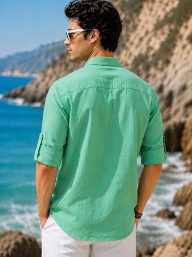 Image of Majestic Man Men's Pure Cotton Solid Mandarin Collar Slim Fit Roll-Up Sleeves Short Kurta Lightweight Summer Kurta for Daily & Occasion Use