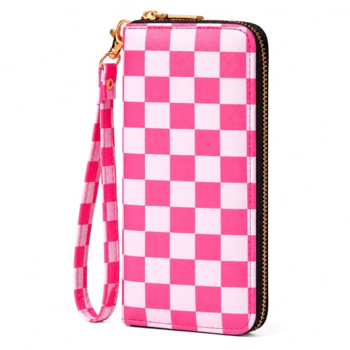 Image of Pink Checkered Wallet for Women, Zip Around Wristlet Wallet | Detachable Wrist Strap, Large Capacity for Phone, Cards, Cash & Travel