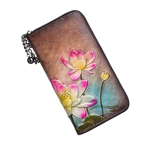 Image of Wallet Genuine Leather for Women - with RFID Blocking Card checkbook ID Slot Large Capacity Vintage style (lotus coffee)