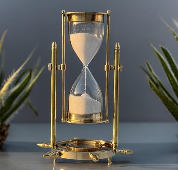 Image of Antique Handmade Brass Sand Timer Gold Brass Finish Nautical Sand Timer with Wheel Compass Base for Gifted Home & Office Desk Decor (Time 4-5 min) Height 8 Inch