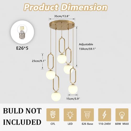 Image of Globe Pendant Lighting Modern Kitchen Island Lighting Gold Brushed Brass Hanging Light with Glass Shade, Adjustable Mini Ceiling Pendant Lamp for Bedroom Living Room Dining Room (D5006-5)