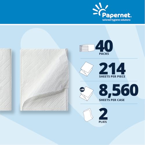Papernet - Gefaltetes Toilettenpapier 420296, hergestellt aus reiner Zellulose, zwei Lagen, 8.560 Dienste, 214 Dienste pro Clip, Dienstgröße 21x9,8 cm