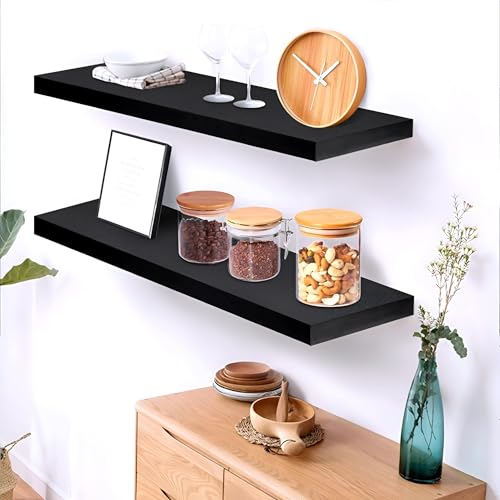Image of Floating Shelves for Wall, Bathroom Shelves Wall Mounted for Kitchen, Bedroom, Bathroom Storage Over Toilet, Hanging Book Shelf for Wall Home Decor Living Room (Black-ND)