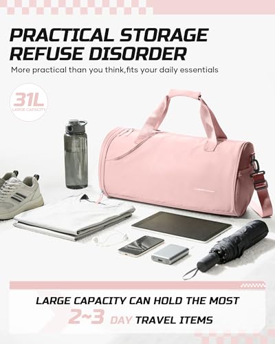 Image of Pink Gym Bag for Women & Men with Wet & Shoe Compartment, Small Duffle Bag for Travel, Sport, Gym, Workout, Overnight, Weekender, Carry-on