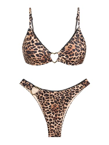 seamoly Leopard Print Contrast Lace Trim Heart-Shaped Metal Decor Cheeky Bikini Set