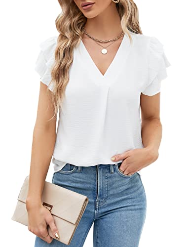 Blooming Jelly Womens Dressy Casual Shirts Short Sleeve V Neck Work Blouse Business Casual Summer Tops 2026(X-Large, White)