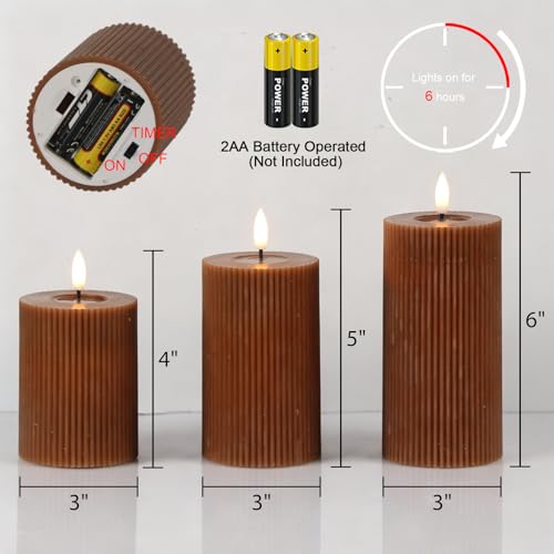 Image of Battery Operated Flameless Candles with 6 Hour Timer 3 Pack Real Wax Vertical Stripe 3D Wick Flickering LED Pillar Candles Dinner Wedding Christmas Holiday Decor(Brown, 3 inch D x 5 inch, 6 inch, 7 inch H)