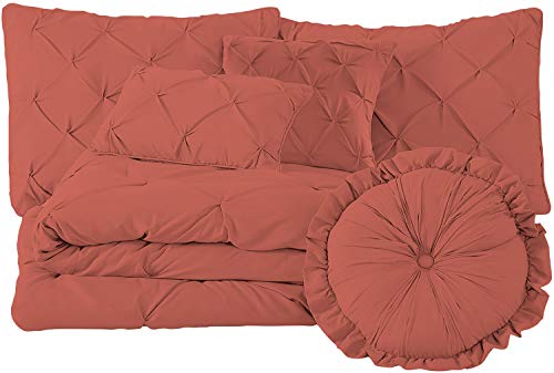 Epic Cotton Luxurious 7-Piece Pinch Pleat Pintuck Bedding Comforter Set Lightweight 100% Egyptian Cotton, 1000 Thread Count, (Queen, Brick-Red)