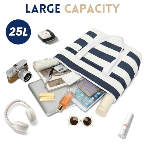 Image of Large Canvas Tote Bag for Women, Beach Bag with Zipper, Utility Tote Bag with 3 Front Pockets, Weekender Pool Bag