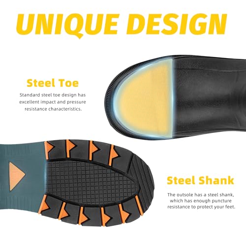 Steel Toe Rubber Boots for Men with Steel Shank, Anti Slip Waterproof Mens Mud Boots Hunting Work Boots, Durable Rain Boots for Construction, Farming, Size 6-143