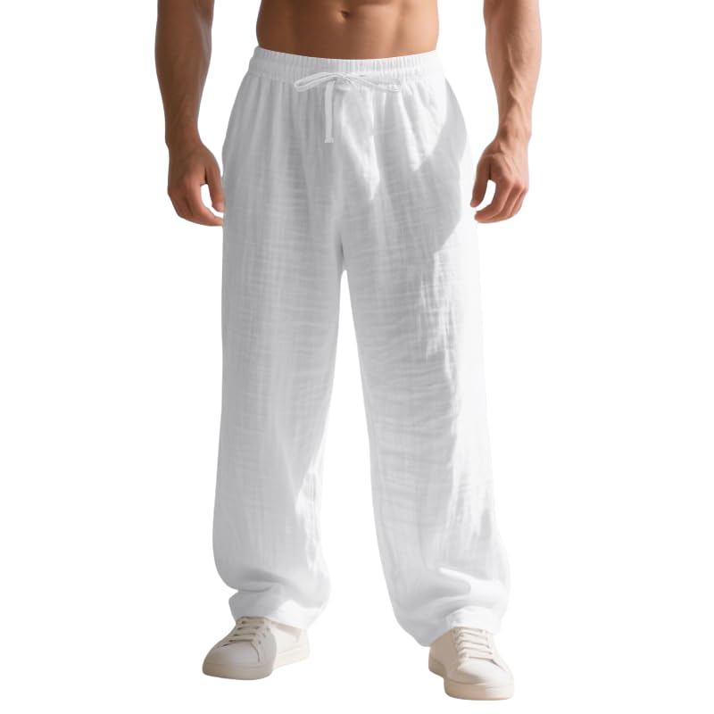 HOTYD Linen Pants Men Casual Loose Fit Elastic Drawstring Waist Beach Pants Lightweight Yoga Trousers with Pockets