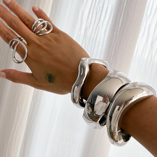 Gold Bangle Bracelets for Women Trendy Chunky Wide Cuff Stackable Bangles Irregular Minimalist Jewelry Accessories2