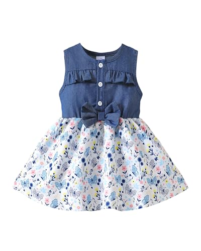 Image of Renotemy Toddler Baby Girl Outfits Summer Dresses Sleeveless Infant Denim Sundress Jeans Dress for Girl Clothes