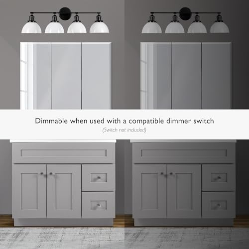 Image of Design House Savannah Rustic Farmhouse 4-Light Bathroom Vanity Light, Dimmable, Matte Black, White Metal Shade, 34.25 in x 9 in x 10.88 in, 589051-BLK | Dimmable, Wall Mount, Modern Farmhouse, Steel, Lighting, 589051-BLK