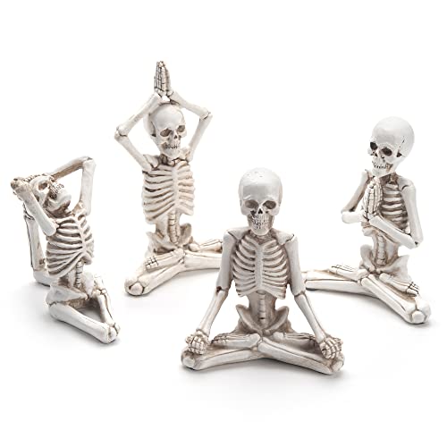 CESTATIVO Skeleton Yoga Figurines for Home Decor 4 Pcs Resin Statues Spiritual Meditation Sculptures for Bookshelf Table Countertop Decor