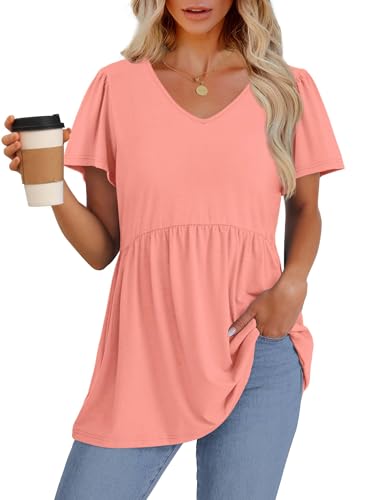 Image of OFEEFAN Womens Summer Tops Babydoll Short Sleeve Shirts Puff Sleeve Peplum Tops V Neck T Shirts