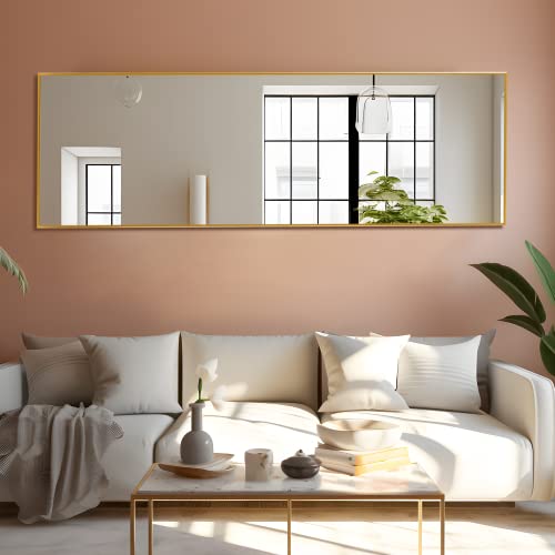 Image of NeuType 47 inchx16 inch Full Length Mirror with Standing Holder Aluminum Alloy Frame Floor Mirror Wall-Mounted Mirror for Living Room, Bedroom, Hanging or Leaning Against Wall, Golden (with Stand)