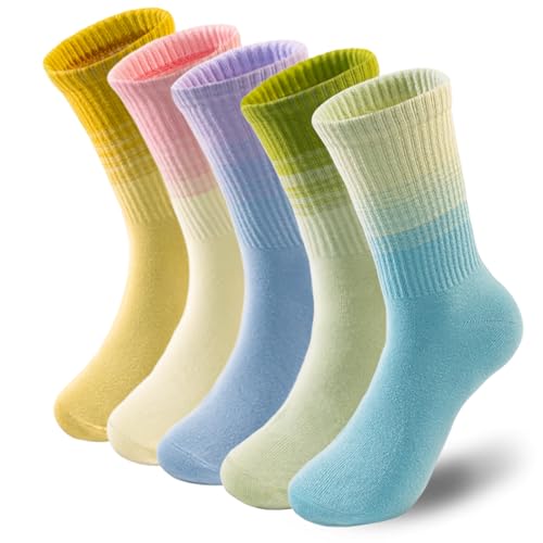 Women‘s Athletic Running Crew Socks，Cute Cotton mid-Calf Socks，Above Ankle High，Novelty Fun Colorful Design，Pack of 5