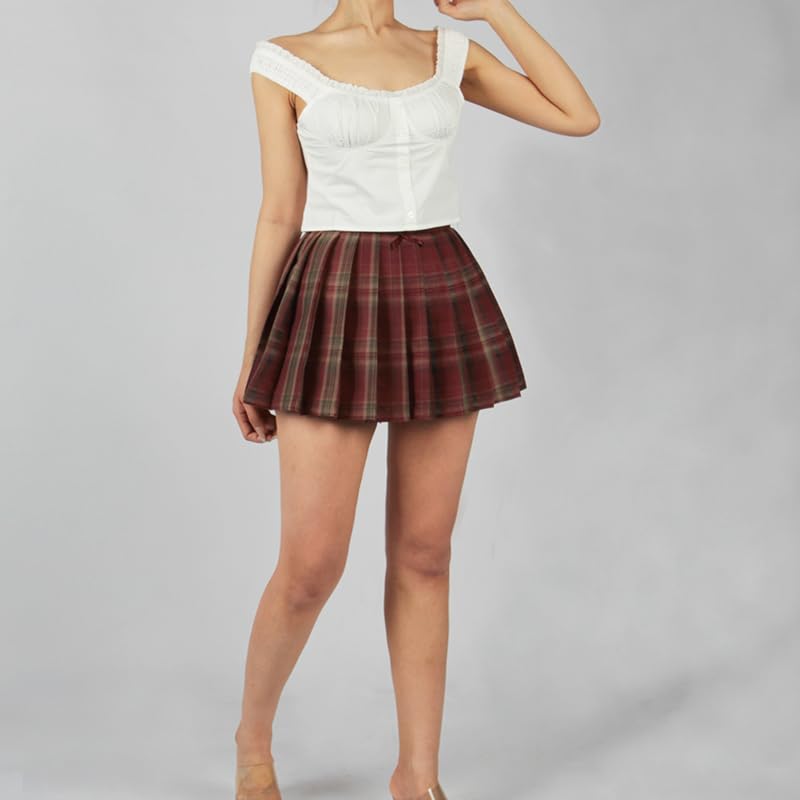 Women Girls Plaid Pleated Skirts with Short A-line Mini Skater Skirt4