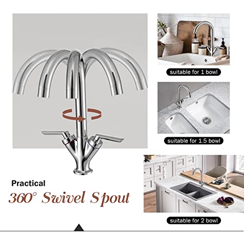 Kitchen Taps, Hapilife Swan Dual Lever Kitchen Mixer Tap Vintage Style Kitchen Sink Tap Mixer Twin Lever Swivel Spout Tap for Kitchen Sink 1 Hole, Chrome