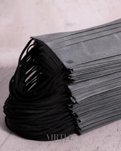 Image of VIRTUE CODE Charcoal Support Face Masks - Soft 3 Ply Comfort Colorful Disposable Face Mask 50 Pack. Adults Mens and Womens Dark Gray Disposable