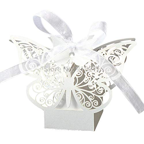 PONATIA 50pcs Farfalla Wedding Baby Cutout Candy Box Favors Gift Box Pearlescent (bianco)