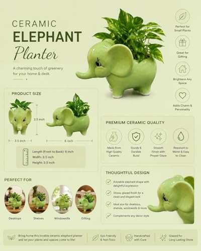 Image of Ceramic Elephant Succulent Planter - Cute Animal Shaped Flower Pot for Indoor Plants, Home Decor, Office Desk & Balcony - Small Green Decorative Bonsai Pot (Single Piece)