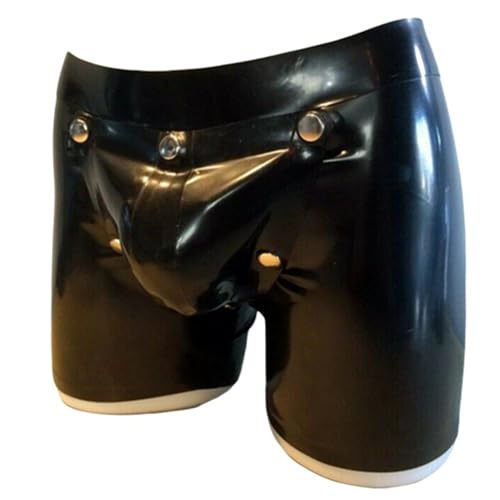 Men Black Latex Rubber Shorts Briefs Pants with Detachable Codpiece Crotch Inside Openning JJ Hole Back Zipper