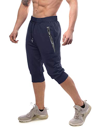 MAGNIVIT Men's 3/4 Casual Long Shorts Breathable Elastic Cotton Gym Short Pants Navy Blue