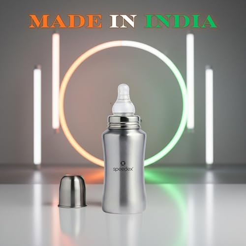 Image of Speedex Stainless Steel Baby Feeding Bottle 140ml with Silicone Grip & ML Marking | BPA Free, Anti-Colic Medium Flow Nipple | Leak Resistant 304 Grade Steel Infant Milk Bottle for Newborn Babies