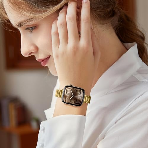 Image of Anlinser Bands Compatible with Apple Watch Band 49mm 46mm 45mm 44mm 42mm, Women Slim Stainless Steel Metal Strap for iWatch Ultra 2 Series 10 9 8 7 6 5 4 3 2 1 SE (Gold)