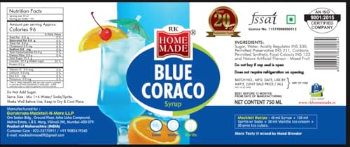 Image of RK HOME MADE NATURAL SYRUP | Blue Coraco Syrup | Gluten Free | 100% Vegan & Low Fat | A Perfect Drink For House Parties, Picnics, And Road Trips To Everyone's Delight 750 - Ml