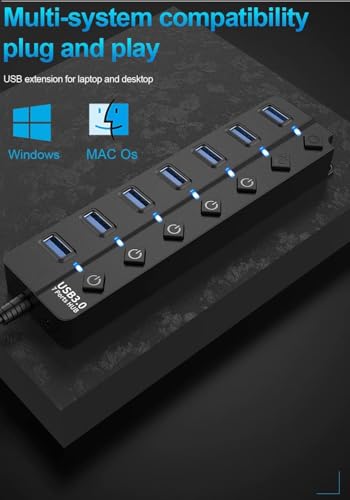 Image of USB Hub 3.0 - 7-Port High-Speed USB Splitter with Individual On /Off Switches, LED Lights, USB Extension for Laptop, PC, Mobile HDD - Plug & Play Data Hub (No Power Adapter)