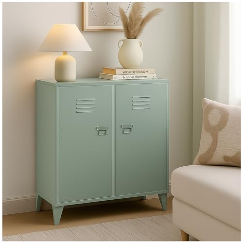 osoltus Spindschrank Industriedesign 2 Türen magnetisch | Büroschrank Metall 80 x 40 x 90 (LBH) Lüftungsgitter | Industrial Wohnen 2 Regalböden (Salbei grün)