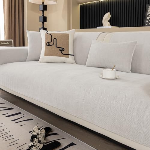 JPGGD Chenille Sofa Couch Cover, Herringbone Sofa Covers Washable for Dogs, Funny Fuzz Couch Slipcover for Sectional Sofa, Non Slip Protector, L Shaped Armrest Cover(Beige White, 27