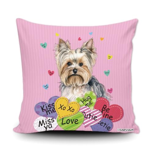GABSHAIM Yorkshire Terrier Watercolor Dog Pink Hearts Pillow Cover Valentines Day Anniversary Wedding Cushion Case Pillowcase 18X18 Inch Canvas Double Side