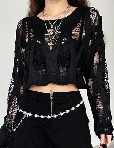 Image of Women Gothic Sweater Hollow Out Ripped Knit Pullover Punk Hole Sexy Slim Fit Cutout Long Sleeve T Shirts Top