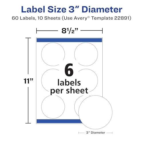 Image of Avery Glossy White Labels, Sure Feed Technology, 3 inch Round Labels, Print-to-The-Edge, Laser /Inkjet, 60 Count (22891) (Pack of 5)