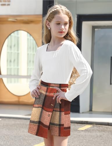 Image of AGAPENG Girl Skirt Sets 3 Piece Outfits Square Neck Jacquard Puff Sleeve Tops Plaid Mini Skirt Shorts Fall Winter Clothes