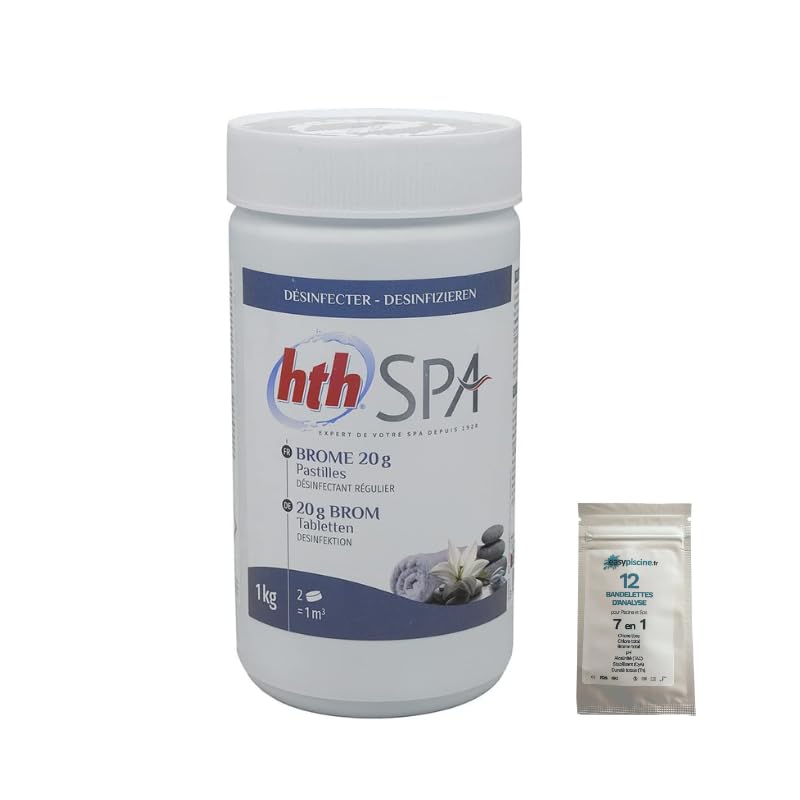 EASYPISCINE Brome désinfection régulière HTH Spa pastilles 20 g. - 1 kg + 12 Tests OFFERTS 7 en 1