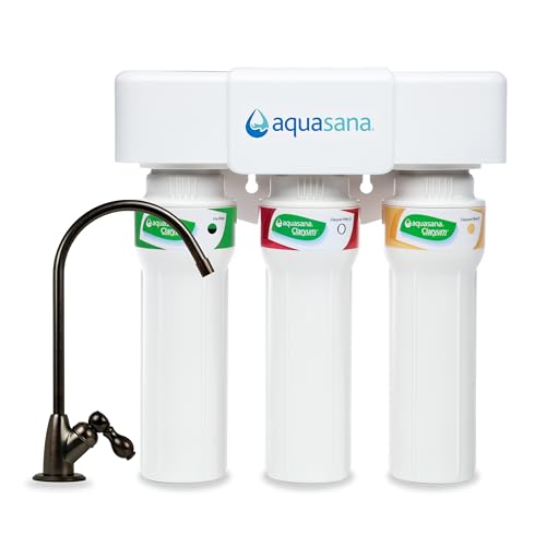 Image of Aquasana Under Sink Water Filter System - Reduces PFAS, Lead, & Chlorine in Drinking Water - Under Counter Claryum Filtration for Kitchen - 3-Stage Max Flow - Oil-Rubbed Bronze Faucet - AQ-5300+.62