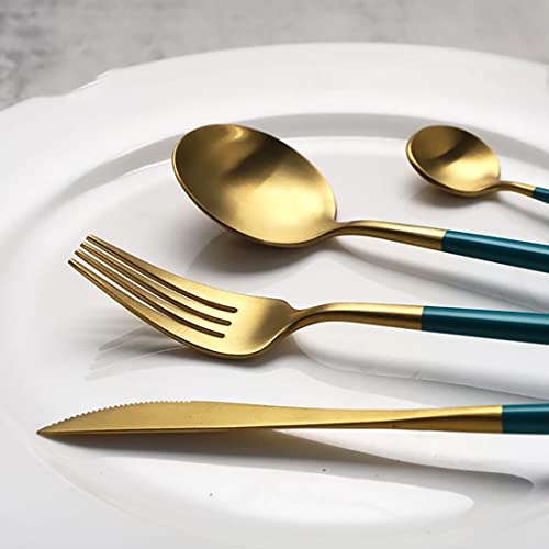 Image of aDai Premium Gold SUS304 Stainless Steel Cutlery Set - 8 Spoons, 4 Fork, 4 Steak Knife - Mirror Finish Dinnerware Flatware (Green - Set of 16)