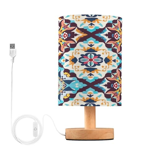 SDMKA Colorful Geometric Pattern Bedside Table Lamp for Bedroom, Minimalist Nightstand Lamp with Round Fabric Shade for Living Room, Office, No Bulb Required