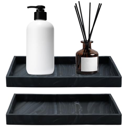 Aupawdy 2 Stück Rechteckig Badezimmertablett aus Kunstharz, Silikon Badezimmer Tablett, Aufbewahrungstablett, für Seife, Küchenspüle, Badezimmer, Arbeitsplatte, Toilette, Marmor Schwarz, 22x 11 cm
