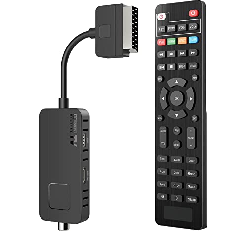 😎【TV Scart Stick】Il decoder tv 2024 è progettato per nascondersi dietro la tua TV, il cavo scart incorporato semplifica le condizioni di utilizzo. Si può anche godere di video a HD 1080P pieni con il cavo HDMI (Incluso).