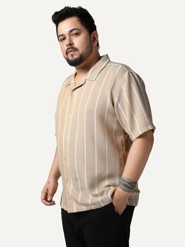Image of Urbano Plus Men's Cotton Half Sleeve Relaxed Fit Linen Striped Shirt with Cuban Collar